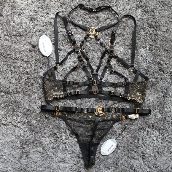 SOLD Bordelle Selene Open Ouvert Wire Bra Thong set Black Gold star embroidery - Picture 6 of 12